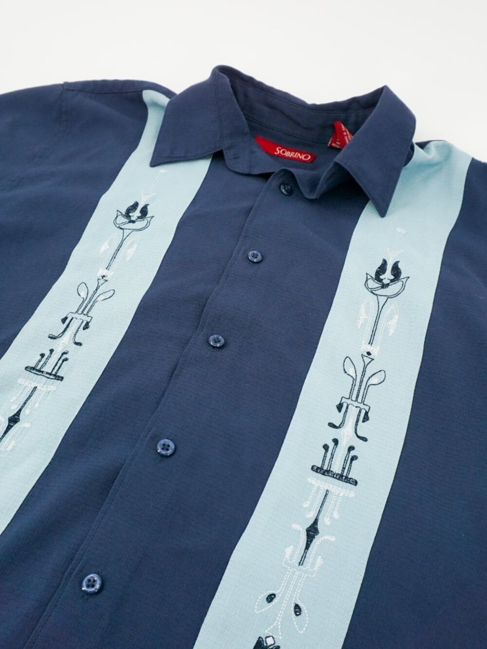 Sobrino Blue Embroidered Cuban Camp Shirt Men's Medium Short Sleeve